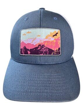 Kbethos Vintage Blue Trucker Hat Embroidered Sunset Mountain Patch Adjustable